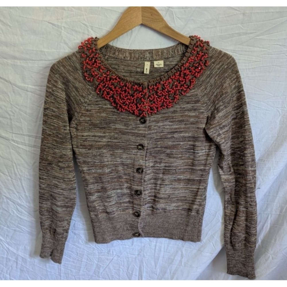 Anthropologie Moth Cardigan Brown Beaded Collar Space Dye Linen Cotton Blend Sm